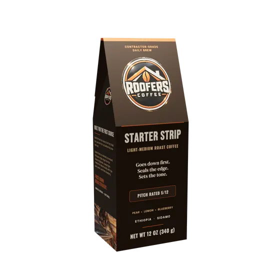 ROOFERS COFFEE Starter Strip 12 oz coffee box, front view