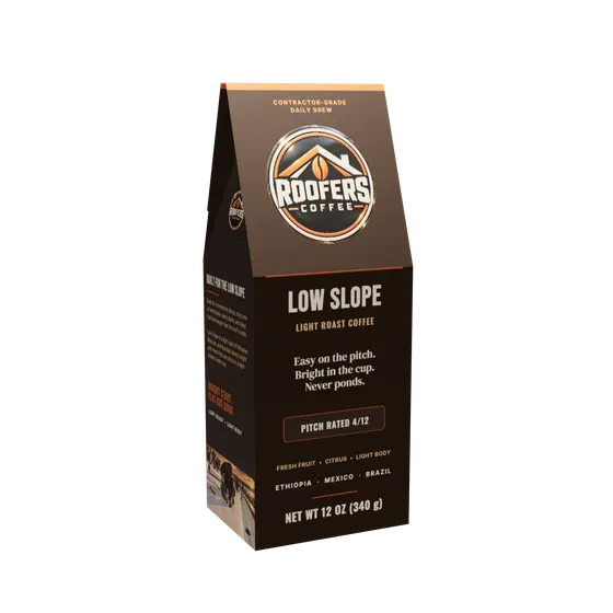 ROOFERS COFFEE Low Slope 12 oz coffee box, front view