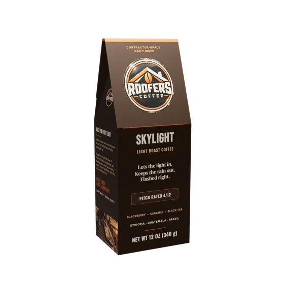 ROOFERS COFFEE Skylight 12 oz coffee box, front view