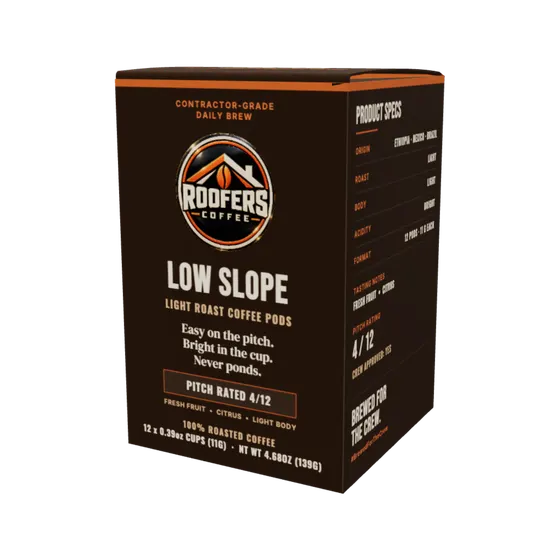 ROOFERS COFFEE Low Slope Pods coffee pods box, front view