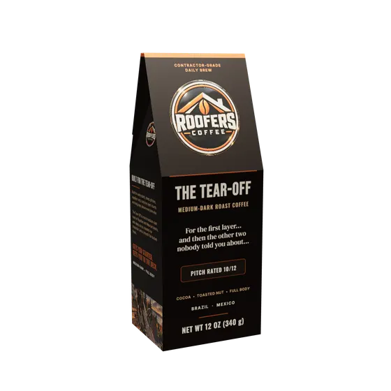 ROOFERS COFFEE The Tear-Off 12 oz coffee box, front view