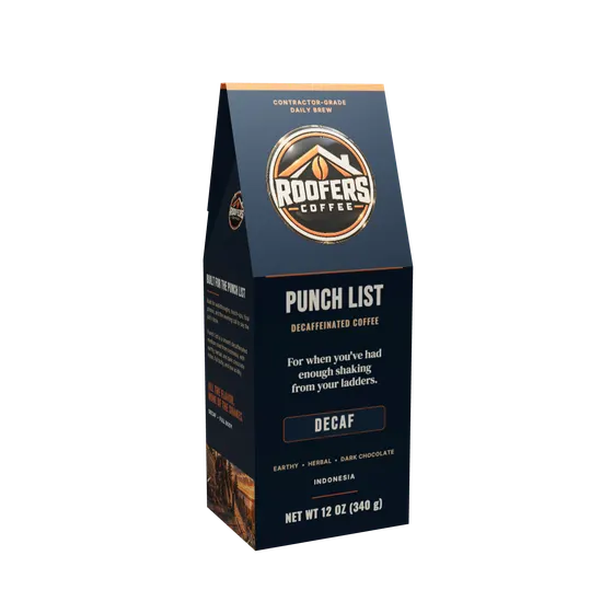 ROOFERS COFFEE Punch List (Decaf) 12 oz coffee box, front view